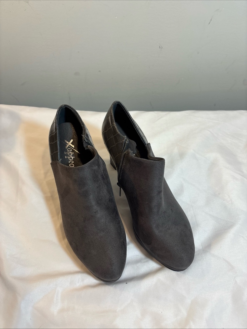 Xhilaration Charcoal Suede Ankle Booties with Croc Heel
